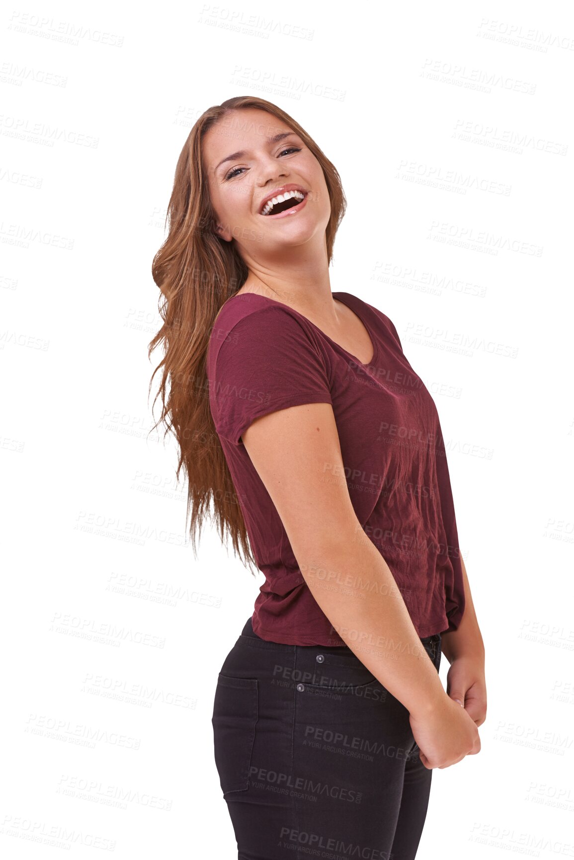 Buy stock photo Teenager laughing, portrait and girl with natural beauty, confidence or makeup on isolated, transparent or PNG background. Relax, happy and woman with smile on face for fashion, style or weekend