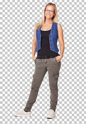 Buy stock photo Portrait, casual fashion and happy woman isolated on transparent png background for streetwear and trendy style. Student smile, creative person or body of model in sneakers, denim and cool clothes