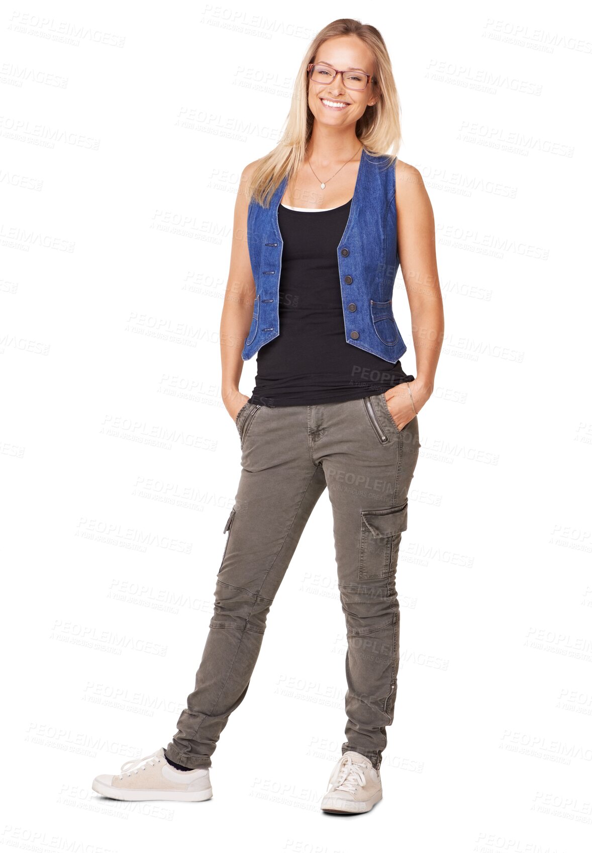 Buy stock photo Portrait, casual fashion and happy woman isolated on transparent png background for streetwear and trendy style. Student smile, creative person or body of model in sneakers, denim and cool clothes
