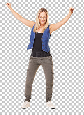 Buy stock photo Dancing, body and happy woman for celebration, success and winning, freedom or dancer with energy. Dance, celebrate and excited person in hip hop or streetwear isolated on transparent png background