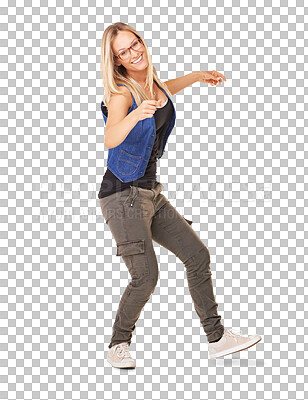 Buy stock photo Dancing, happy woman and portrait for celebration, success and winning, freedom or dancer energy. Winner, hip hop dance and excited person celebrate moving on isolated on transparent png background