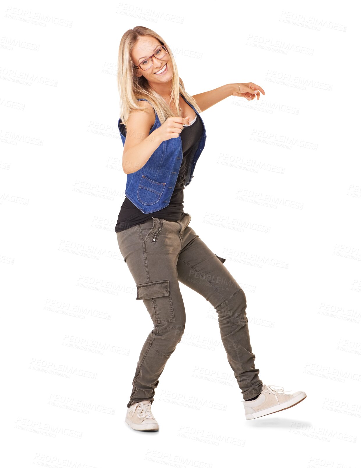 Buy stock photo Dancing, happy woman and portrait for celebration, success and winning, freedom or dancer energy. Winner, hip hop dance and excited person celebrate moving on isolated on transparent png background