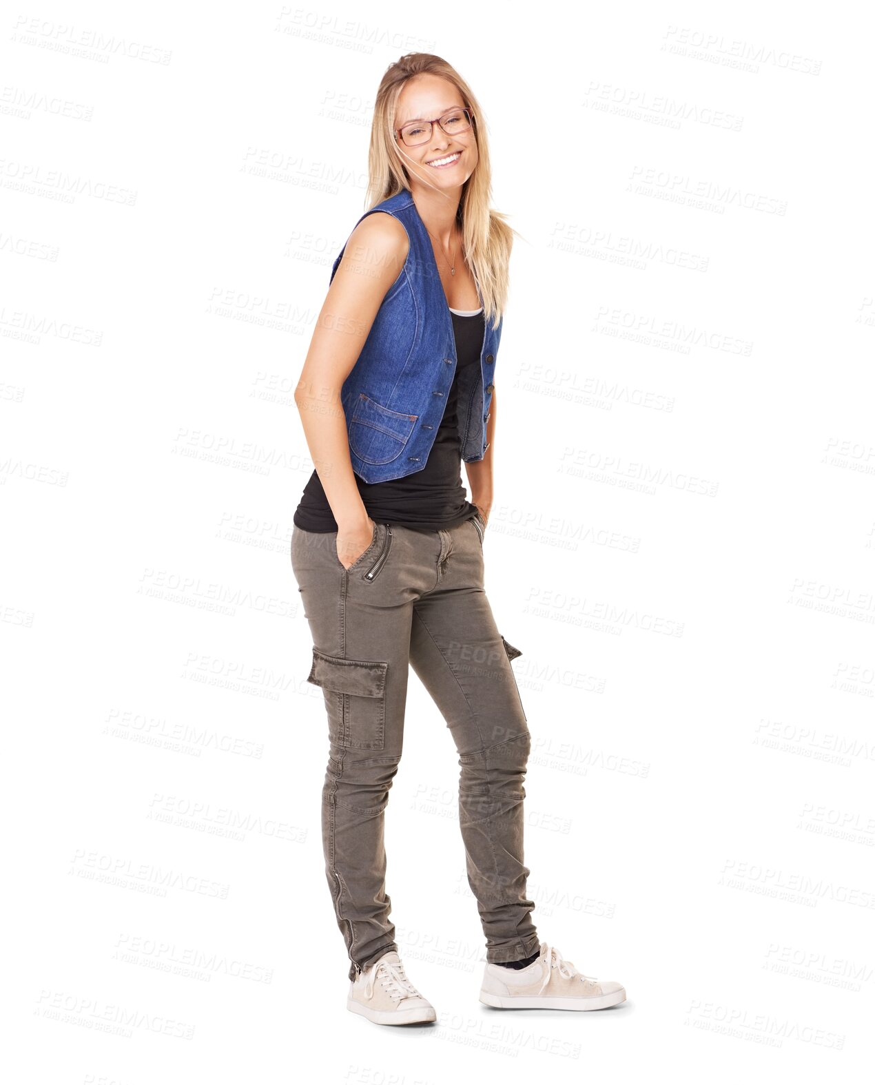 Buy stock photo Fashion, woman in full body portrait and casual streetwear with confidence isolated on transparent png background. Cool, trendy and one female person with smile and beauty with funky stylish clothes