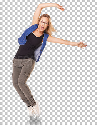 Buy stock photo Isolated woman, happy and dancing in portrait with hands in air, moving and transparent png background. Young dancer, student or excited girl with comic dance, steps and balance on toes with fashion