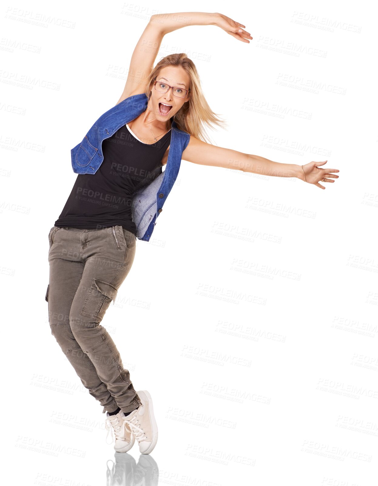 Buy stock photo Isolated woman, happy and dancing in portrait with hands in air, moving and transparent png background. Young dancer, student or excited girl with comic dance, steps and balance on toes with fashion