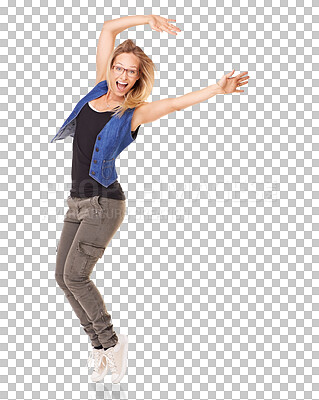 Buy stock photo Dancing, stretching and woman portrait in wow, success and celebration for sale or dancer energy. Freedom, body and excited person dance, celebrate and jump isolated on transparent png background