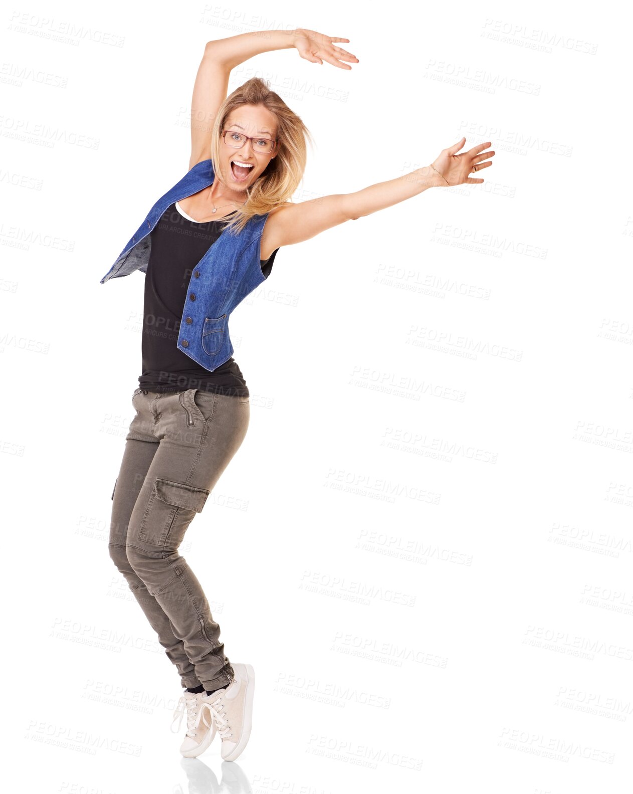 Buy stock photo Dancing, stretching and woman portrait in wow, success and celebration for sale or dancer energy. Freedom, body and excited person dance, celebrate and jump isolated on transparent png background