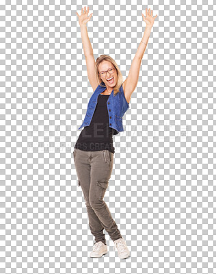 Buy stock photo Wow, success and woman with hands in air for celebration, freedom or excited of fashion sale or winning. Surprise, stretching and body of person or prize winner isolated on transparent png background