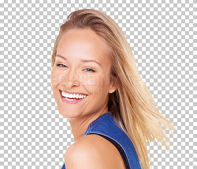 Buy stock photo Happy woman, face and portrait smile with teeth for dental care isolated on a transparent PNG background. Female person or young model smiling in happiness for tooth whitening, oral and mouth hygiene