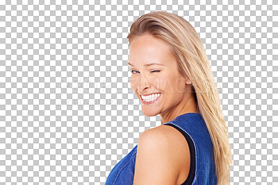 Buy stock photo Fashion, wink or portrait of happy woman with smile or confidence isolated on transparent png background. Denim clothes, face or confident sexy girl winking, flirting or smiling with natural beauty 