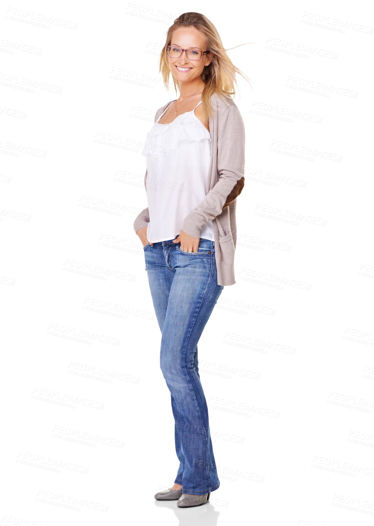 Buy stock photo Happy woman, glasses and standing with hands in pockets isolated on a transparent PNG background. Portrait of female person, model or young lady with smile in casual clothing, style or fashion