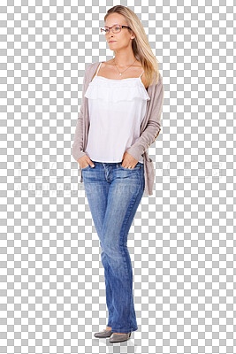 Buy stock photo Serious woman, glasses and standing with hands in pocket isolated on a transparent PNG background. Female person, lady or model posing with cool attitude or confidence in casual clothing for fashion