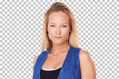 Buy stock photo Serious woman, face and portrait of creative in confidence standing isolated on a transparent PNG background. Confident female person, lady or model with smile for career ambition, vision or startup