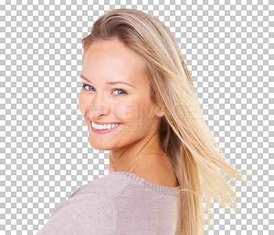 Buy stock photo Happy woman, face and portrait smile for dental, teeth or care isolated on a transparent PNG background. Female person or young model smiling in happiness for tooth whitening, oral and hygiene