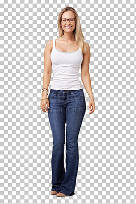 Buy stock photo Happy woman, portrait and standing in casual fashion with smile isolated on a transparent PNG background. Female person, lady or young model posing in denim jeans, clothing and smiling with glasses