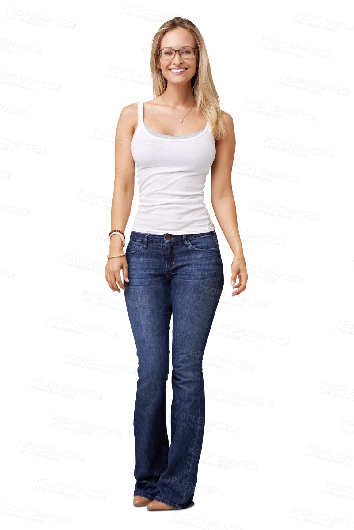 Buy stock photo Happy woman, portrait and standing in casual fashion with smile isolated on a transparent PNG background. Female person, lady or young model posing in denim jeans, clothing and smiling with glasses