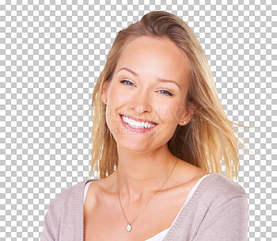 Buy stock photo Happy woman, face and portrait smile with teeth for dental care isolated on a transparent PNG background. Female person or young model smiling for clean tooth whitening, mouth or oral and gum hygiene