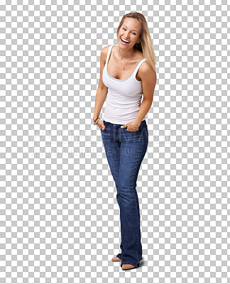 Buy stock photo Woman, laughing and portrait with casual fashion and style isolated on a transparent, png background. Young, funny joke and female person with a happy smile and comedy with jeans and trendy clothing
