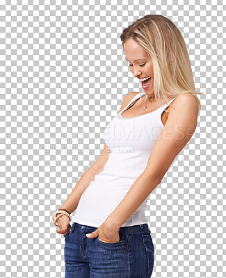 Buy stock photo Body, excited or happy woman with smile or fashion isolated on transparent png background. Lose weight, natural proud person or confident blonde girl smiling for trendy clothes, health or denim jeans