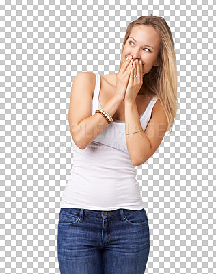 Buy stock photo Isolated woman, smile and thinking with surprise, happy or hands on mouth by transparent png background. Student girl, cover lips and excited with ideas, memory and happiness to remember with fashion