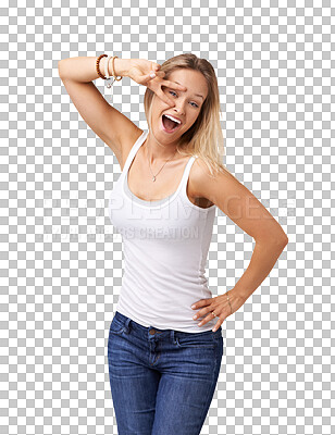 Buy stock photo Isolated, woman and peace sign by eye for portrait, comic sign and happy by transparent png background. Girl, model or student with excited face, funny emoji and hand for icon, laughing and fashion