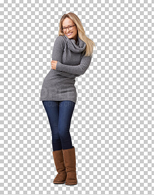 Buy stock photo Woman, smile and portrait with winter clothing and fashion isolated on a transparent, png background. Young female, happy and glasses with youth and confidence wearing modern and trendy style
