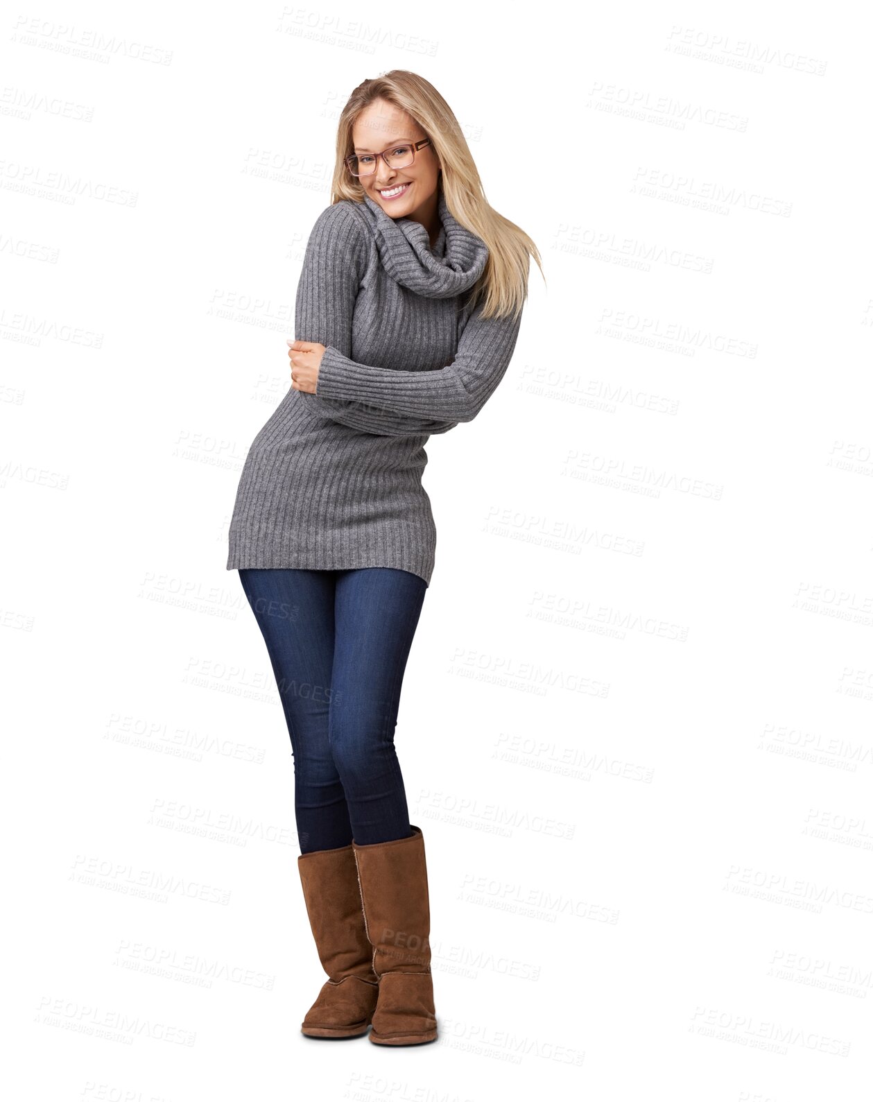 Buy stock photo Woman, smile and portrait with winter clothing and fashion isolated on a transparent, png background. Young female, happy and glasses with youth and confidence wearing modern and trendy style
