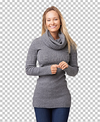 Buy stock photo Woman, smile and portrait with winter clothing and fashion isolated on a transparent, png background. Young female, happy and beautiful with youth and confidence wearing modern and trendy style
