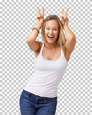 Buy stock photo Isolated, woman and peace sign for portrait, bunny ears and comic sign by transparent png background. Girl, model and excited face with emoji, funny and hands in air for icon, laughing and fashion