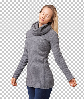 Buy stock photo Fashion, confident style and woman with eyes closed on isolated, PNG and transparent background. Beauty, confidence and attractive female person relax in trendy outfit, style and casual clothes