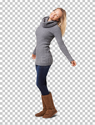 Buy stock photo Isolated woman, winter fashion and eyes closed with freedom, relax and thinking by transparent png background. Girl, clothes and boots with smile, comfortable and happiness with youth, style or ideas