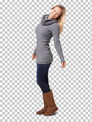 Buy stock photo Fashion, confident and portrait of woman pose on isolated, PNG and transparent background. Beauty, attractive and happy female person with smile in trendy outfit, winter style and casual clothes