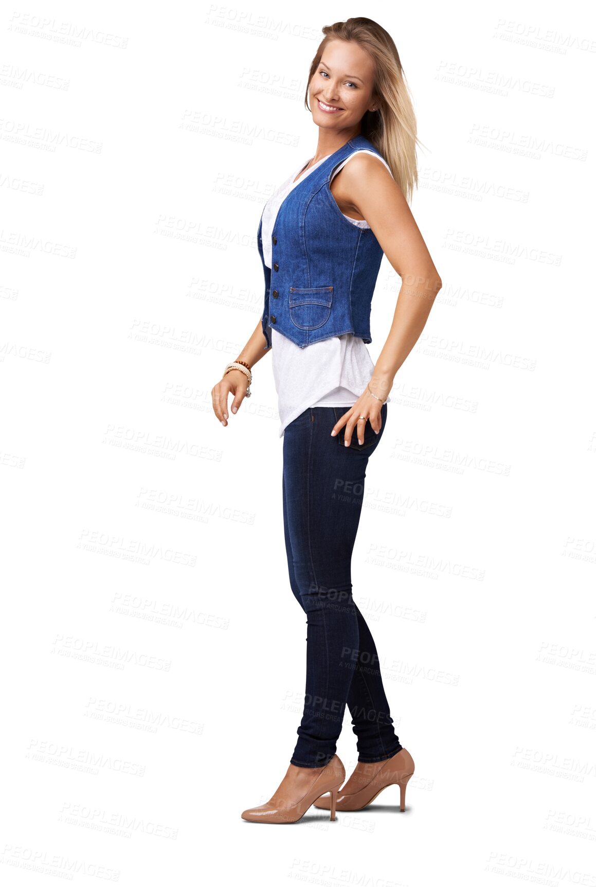 Buy stock photo Fashion, beauty and portrait of woman pose on isolated, PNG and transparent background. Confidence, happiness and attractive female person with smile in trendy outfit, style and casual clothes