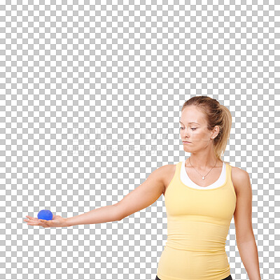 Buy stock photo Stress ball, arm exercise and woman on isolated, png and transparent background for wellness. Fitness, physical therapy and female person with equipment for muscle workout, training and tension