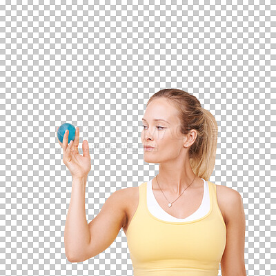 Buy stock photo Stress ball, physical therapy and woman for health on isolated, png and transparent background. Fitness, rehabilitation and female person with equipment for muscle workout, training and exercise