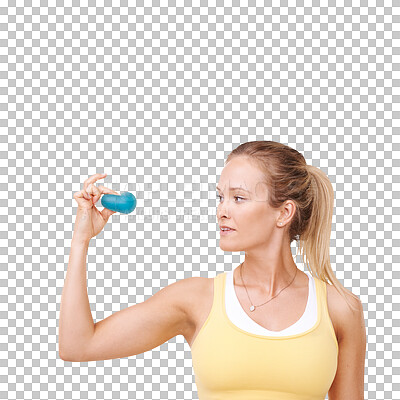 Buy stock photo Stress ball, squeeze exercise and woman on isolated, png and transparent background for wellness. Health, physical therapy and female person with equipment for muscle workout, training and strength