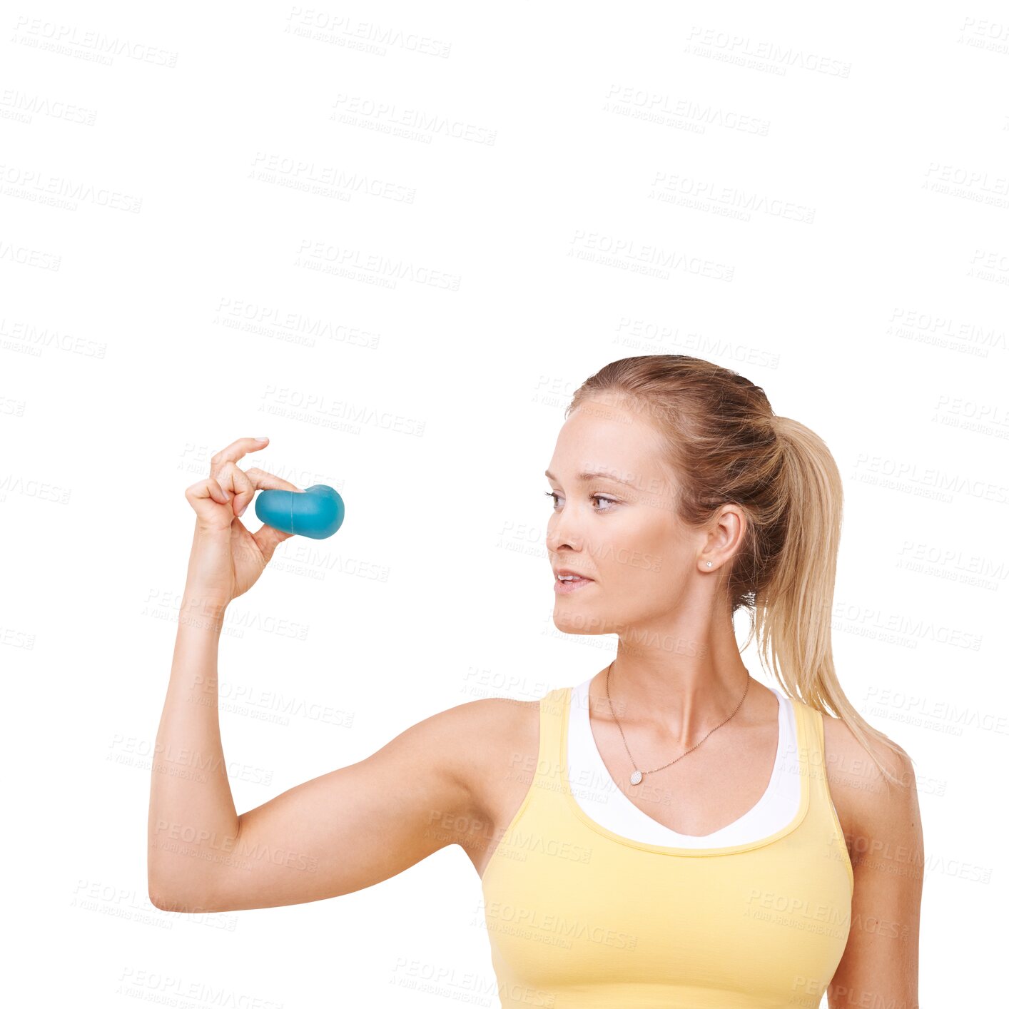 Buy stock photo Stress ball, squeeze exercise and woman on isolated, png and transparent background for wellness. Health, physical therapy and female person with equipment for muscle workout, training and strength