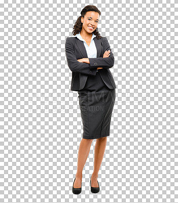 Buy stock photo Professional, smile and businesswoman happy and confident isolated in a transparent or png background. Corporate, employee and portrait of young person or entrepreneur arms crossed for company growth