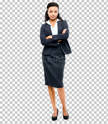 Buy stock photo Professional, lawyer or serious businesswoman in portrait while isolated on a transparent png background. Corporate, employee, woman entrepreneur and arms crossed for justice, attorney or law suit