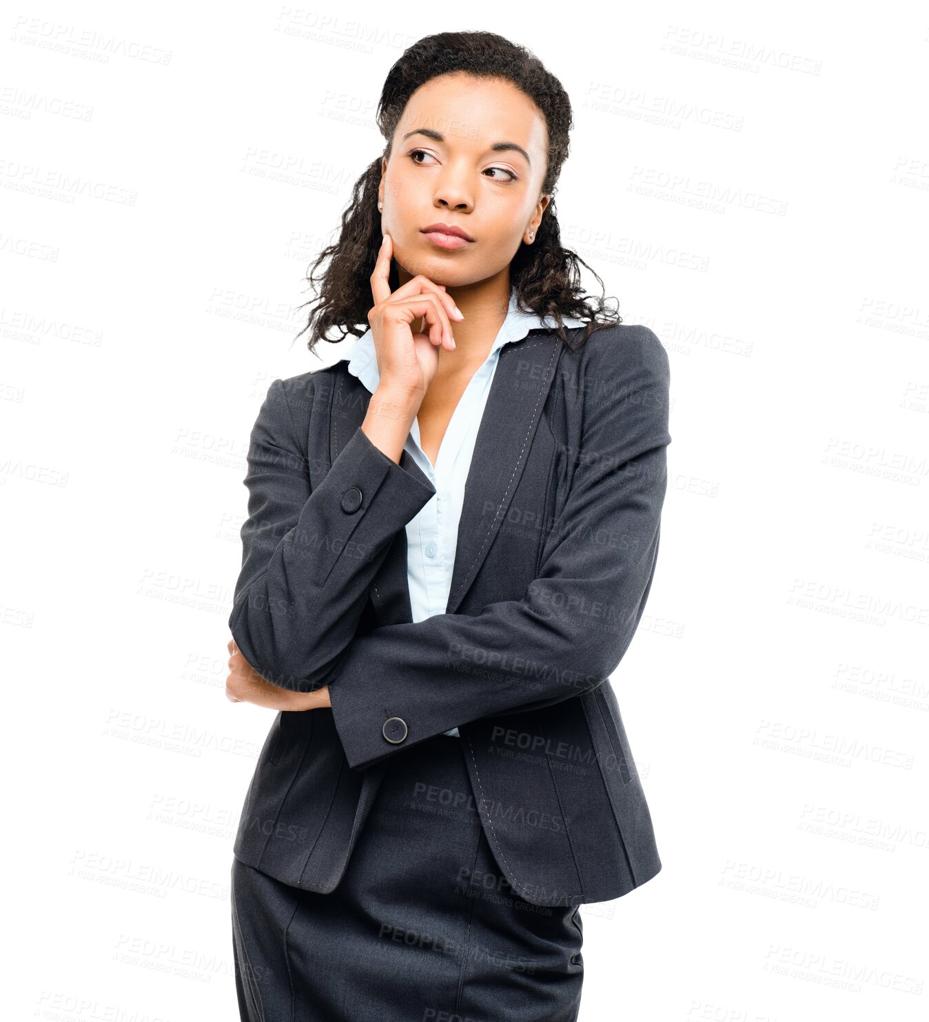 Buy stock photo Business woman, thinking and planning of ideas isolated on a transparent png background. African female person, corporate lawyer and think of problem solving, solution and proposal vision with doubt