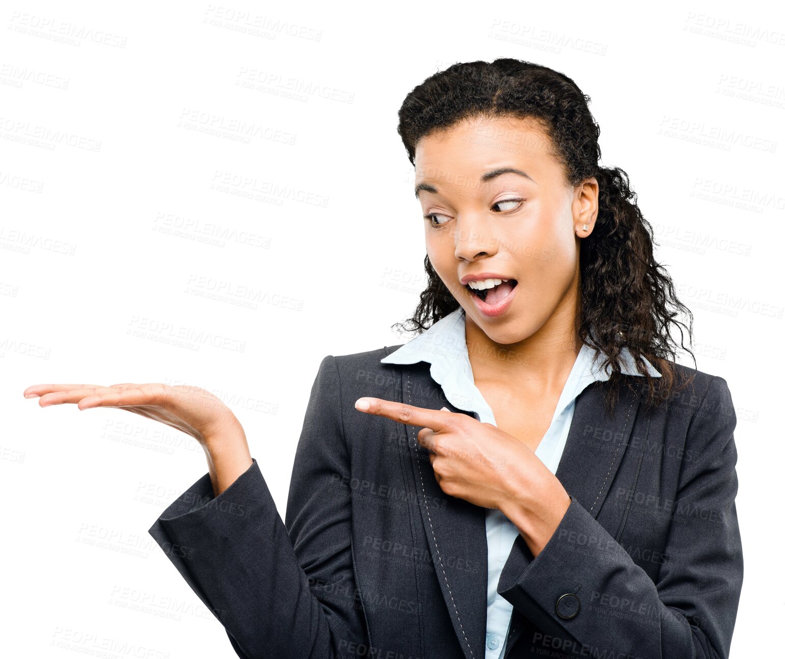 Buy stock photo Business woman, palm and pointing at hand isolated on transparent png background. Excited african person show hands for corporate offer, promotion or presentation of announcement for advertising deal