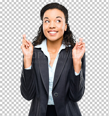 Buy stock photo Business woman, happy and fingers crossed for good luck isolated on transparent png background. African female person with hand emoji, sign or wish for corporate deal, hope and thinking of results