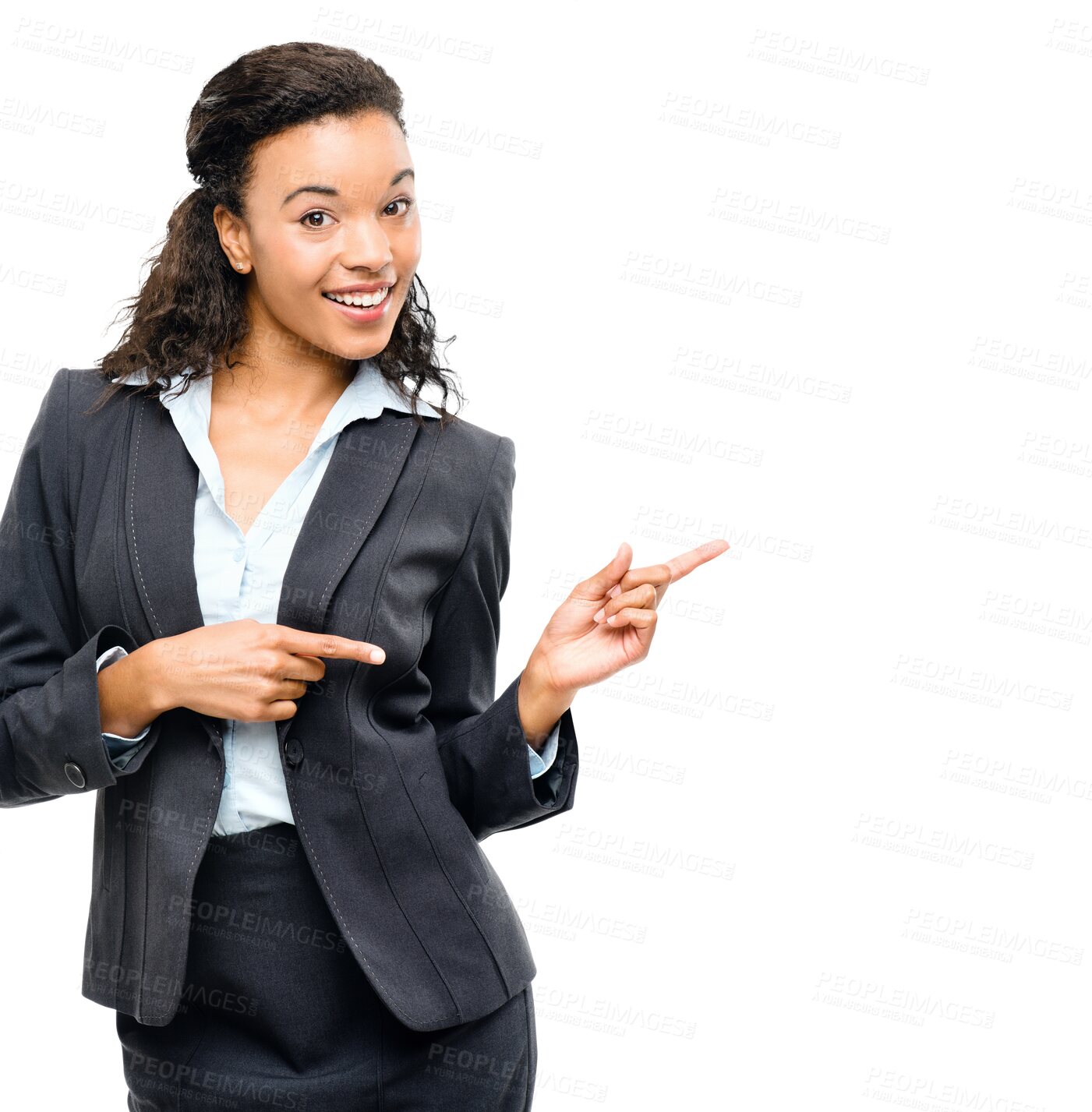 Buy stock photo Business woman, pointing finger and advertising with a smile isolated on a transparent png background. Portrait of african female person show hands for corporate announcement, promotion or marketing