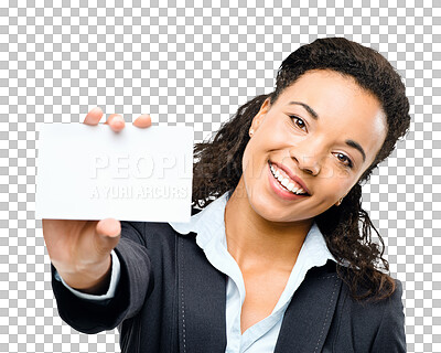 Buy stock photo Business card, mockup and portrait of african woman with a smile isolated on a transparent png background. Face of employee with paper in hand for corporate advice, contact us and advertising space