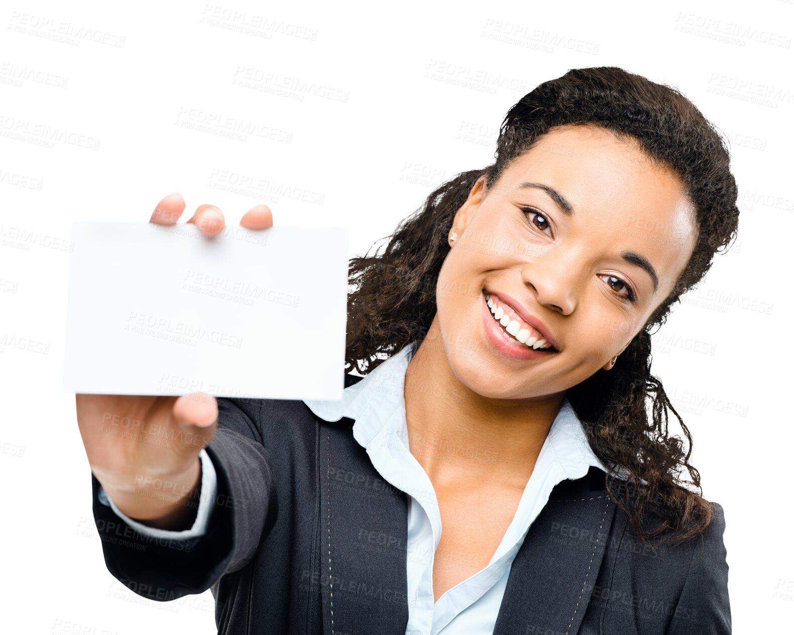 Buy stock photo Business card, mockup and portrait of african woman with a smile isolated on a transparent png background. Face of employee with paper in hand for corporate advice, contact us and advertising space