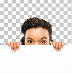 PNG Shot of a young businesswoman peeking out from behind a placard 