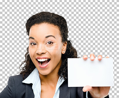 Buy stock photo Mockup, business card and excited portrait of a woman isolated on a transparent png background. Face of african person with paper info in hand for corporate sign, contact us or advertising logo space