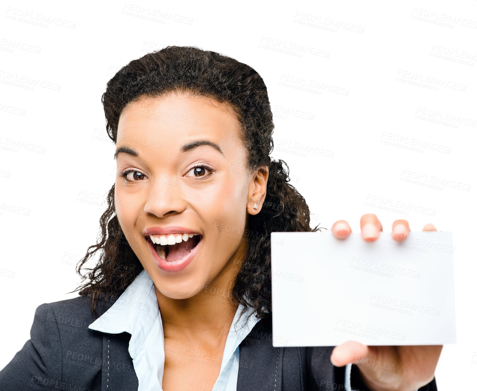 Buy stock photo Mockup, business card and excited portrait of a woman isolated on a transparent png background. Face of african person with paper info in hand for corporate sign, contact us or advertising logo space