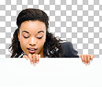 PNG Shot of a businesswoman hiding behind a placard 