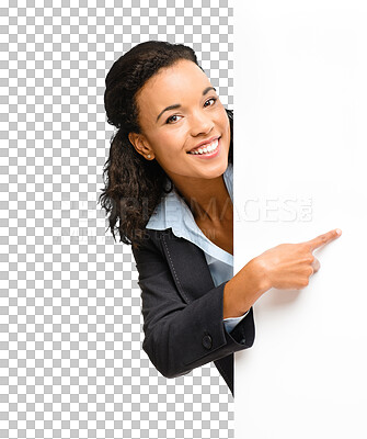 Buy stock photo Isolated african business woman, poster and mockup with point, advertising or portrait by transparent png background. Advice of female worker, space and happy at paper review, opinion or recruitment